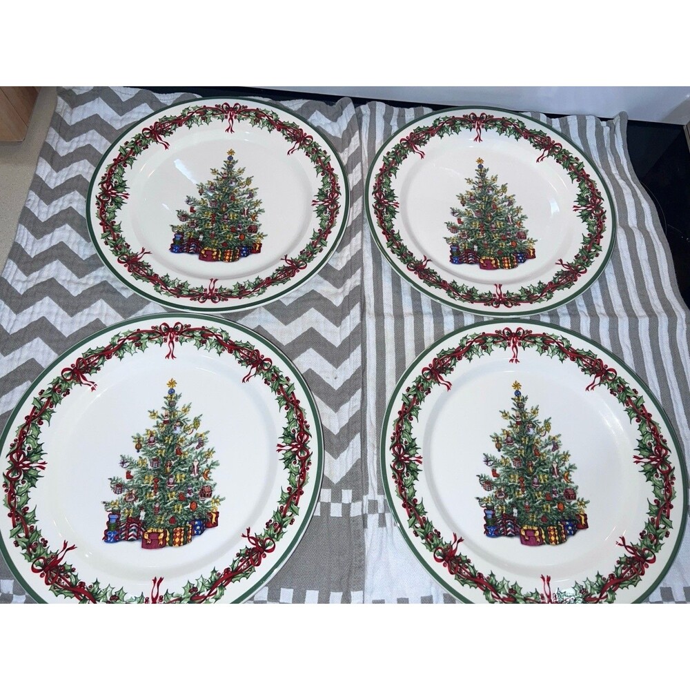 Christopher Radko Traditions 4 DINNER PLATES Christmas Tree Holiday Celebrations